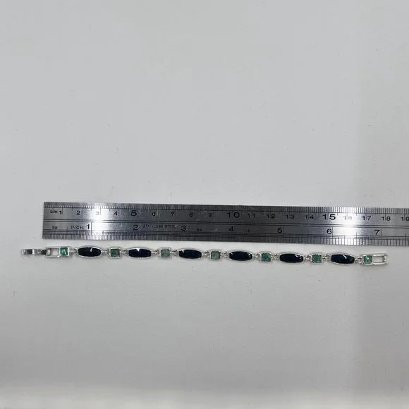 Light & Dark Green Enameled Shiny Silver Tone 7” Bracelet - Picture 5 of 6